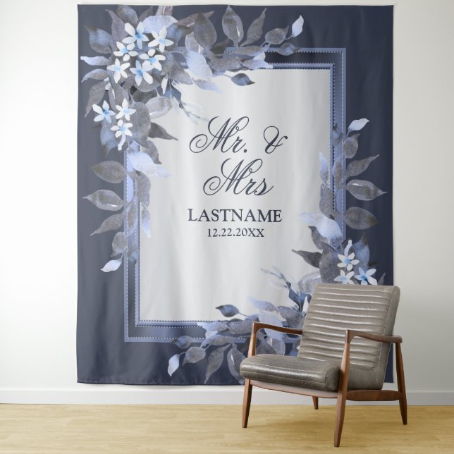 Wedding Party Navy Blue Floral Silver Grey Modern Tapestry (In Situ)