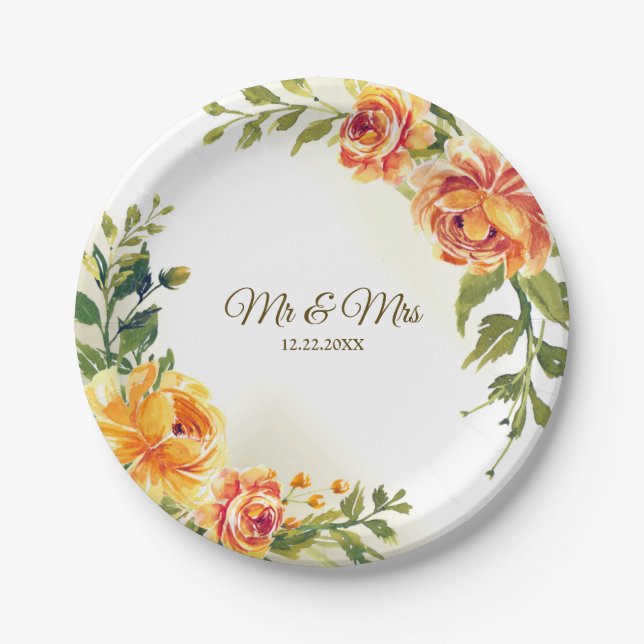 Wedding Party Orange Yellow Red Floral Greenery Paper Plate (Front)