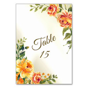 Wedding Party Orange Yellow Red Floral Greenery Table Number