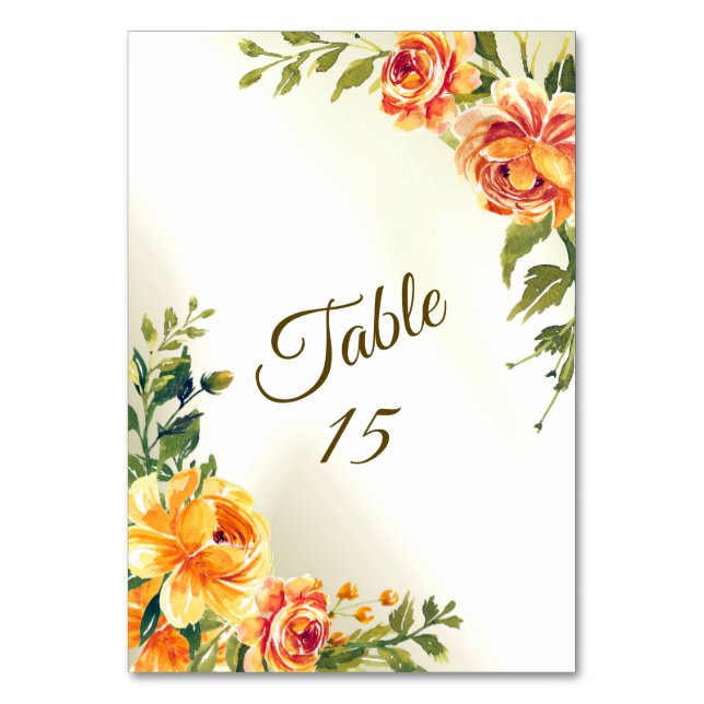 Wedding Party Orange Yellow Red Floral Greenery Table Number (Front)