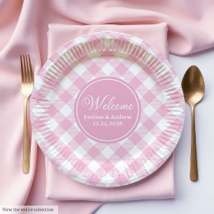 Wedding Party Paper Plates Pink Plaid Chic Accent