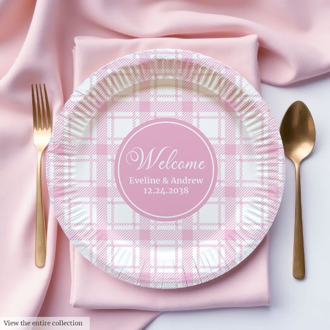 Wedding Party Paper Plates Pink Plaid Custom Name (Wedding Party Paper Plates Pink Plaid Custom Name)
