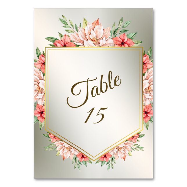Wedding Party Peach Orange Floral Golden Rustic Table Number (Front)
