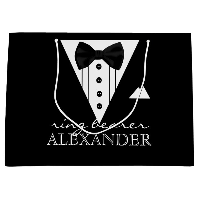 Wedding Party Personalised Ring Bearer Tuxedo Large Gift Bag (Front)