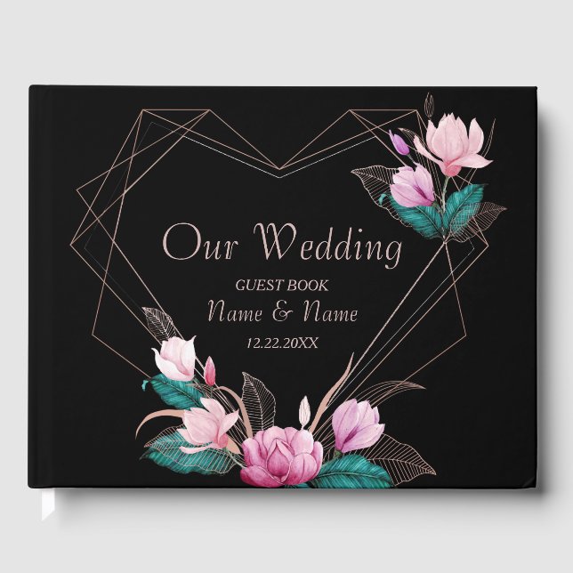 Wedding Party Pink Floral Geometric Frame Black Guest Book (Front)
