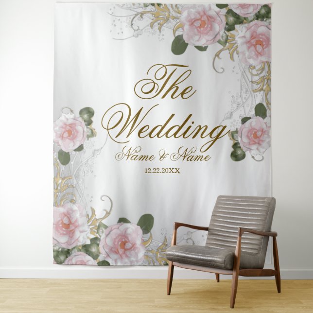 Wedding Party Pink Floral Silver Grey Elegant Tapestry (In Situ)