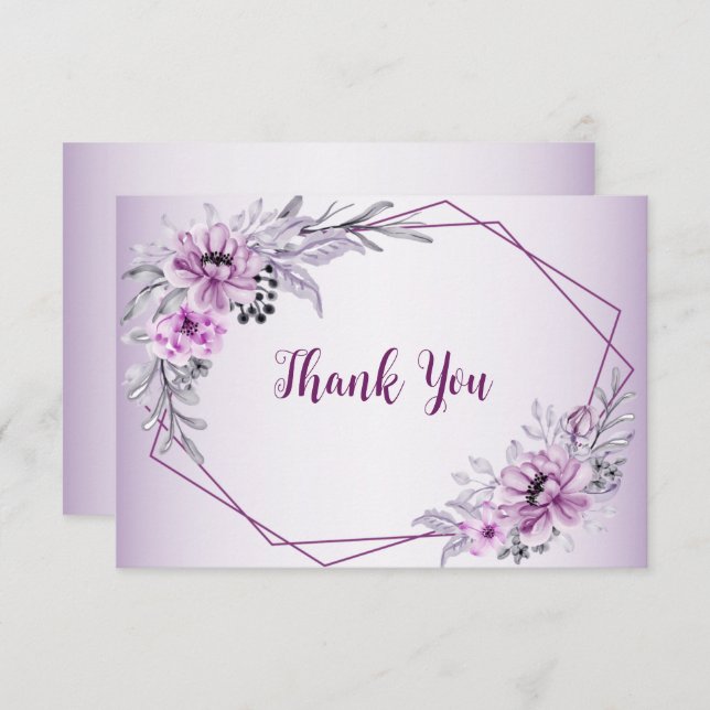 Wedding Party Pink Floral Violet Purple Frame Thank You Card (Front/Back)