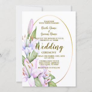 Wedding Party Pink Lily Flowers Golden Frame Invitation