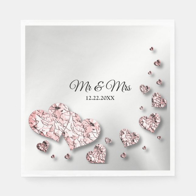 Wedding Party Pink Peach Shiny Hearts Geometric Napkin (Front)