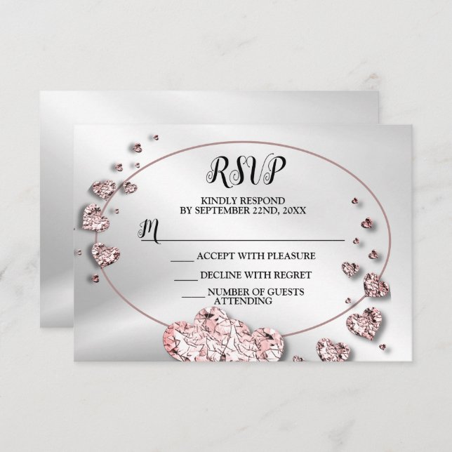 Wedding Party Pink Peach Shiny Hearts Geometric RSVP Card (Front/Back)