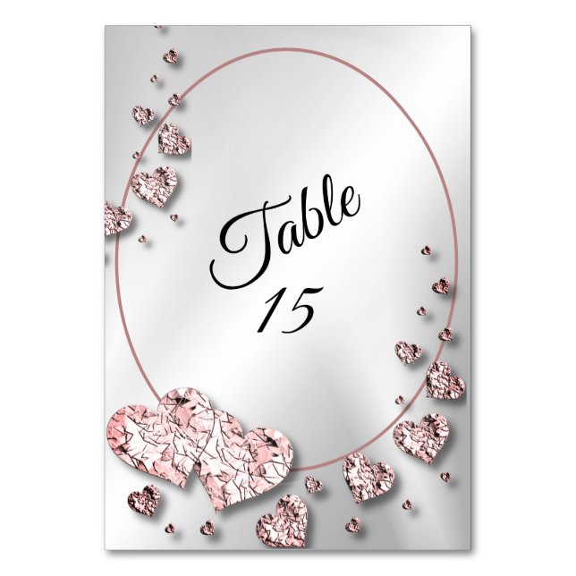 Wedding Party Pink Peach Shiny Hearts Geometric Table Number (Front)