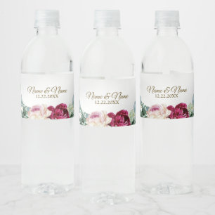Wedding Party Pink Red Floral Greenery Gold Silver Water Bottle Label