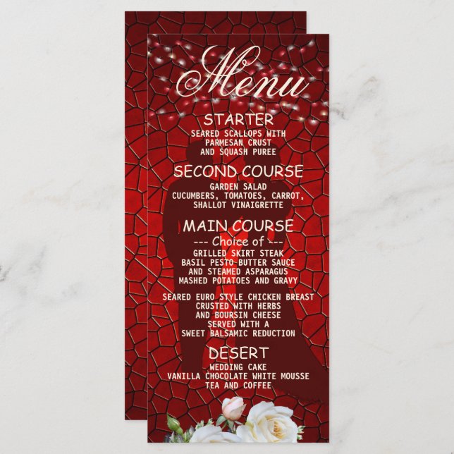 Wedding Party Red Floral Modern Elegant Dinner Menu (Front/Back)