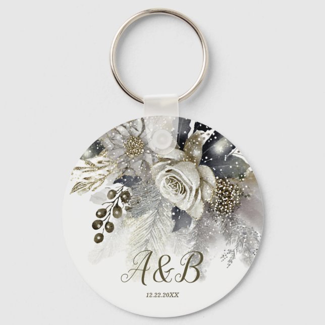 Wedding Party Silver Golden White Roses Flowers Key Ring (Front)
