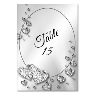 Wedding Party Silver Grey Shiny Hearts Elegant Table Number