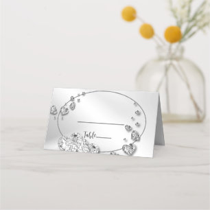 Wedding Party Silver Hearts Grey Black Elegant Place Card