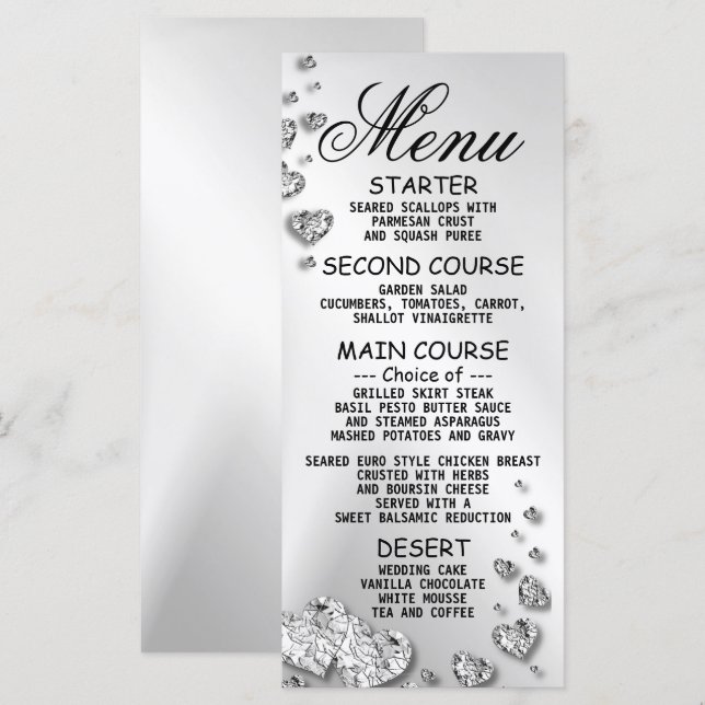Wedding Party Silver Hearts Grey Elegant Dinner Menu (Front/Back)