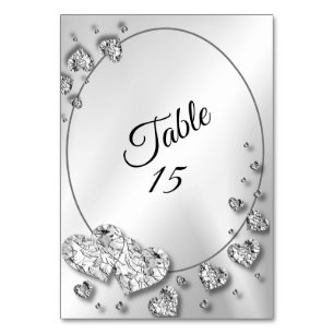 Wedding Party Silver Shiny Hearts Geometric Table Number