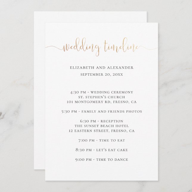 Wedding party timeline script. Simple calligraphy Invitation (Front/Back)