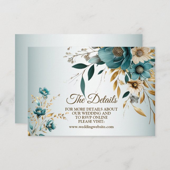 Wedding Party Turquoise White Flower Golden Leaves Enclosure Card (Front/Back)