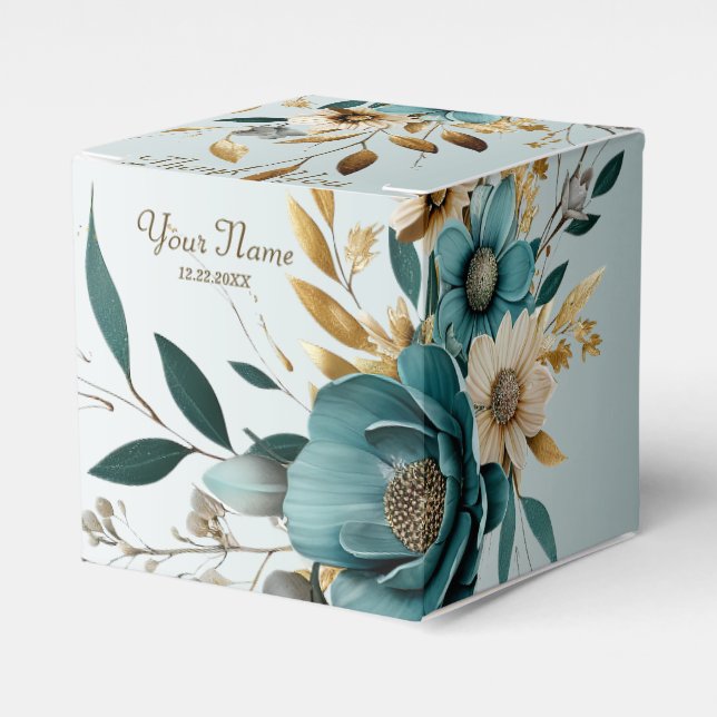 Wedding Party Turquoise White Flower Golden Leaves Favour Box (Front Side)