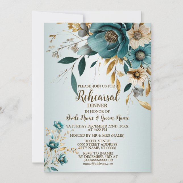 Wedding Party Turquoise White Flower Golden Leaves Invitation (Front)