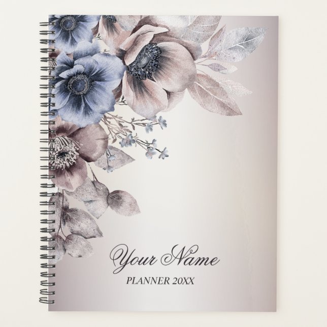 Wedding Party Watercolor Pastel Blue Beige Flowers Planner (Front)