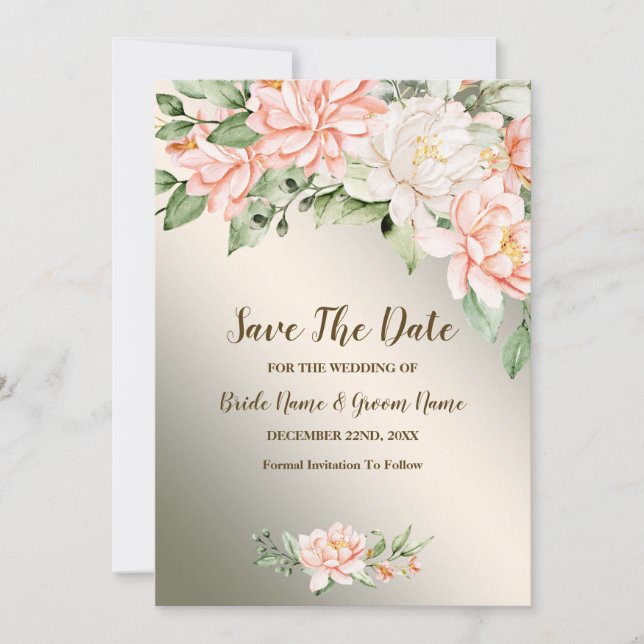 Wedding Party Watercolor Peach White Flower Save The Date (Front)