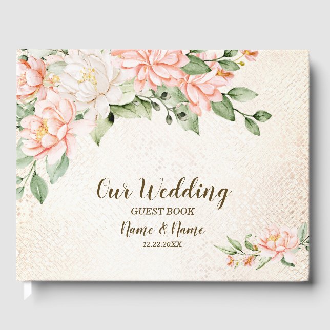 Wedding Party Watercolor Peach White Flowers Guest Book (Front)