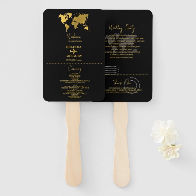 Wedding Passport Black Gold Program Hand Fan (Front and Back)