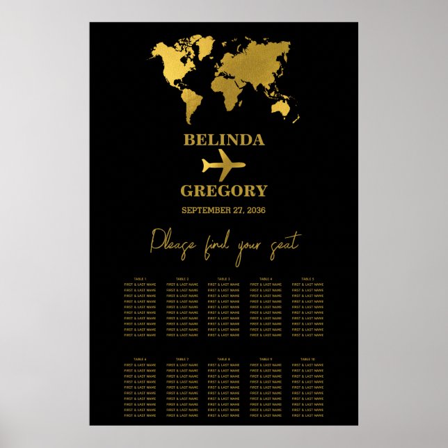 Wedding Passport Black Gold Seating Chart (Front)