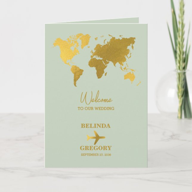 Wedding Passport Sage Green Gold Order of Service Program (Front)