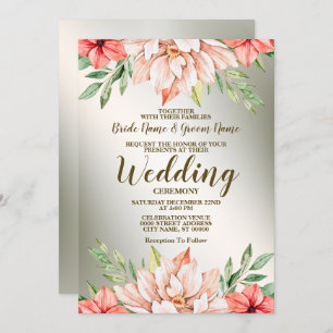 Wedding Peach Orange Floral Golden Frame Rustic Invitation