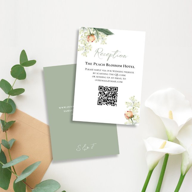 Wedding Peach Reception QR Code RSVP Enclosure Card (Elegant wedding RSVP card with watercolor peach floral design)