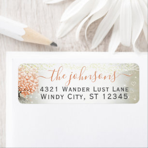 Wedding Peachy Coral Heart Leaf Tree Return Address Label