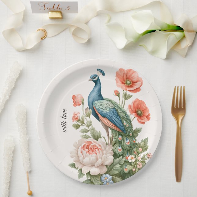 Wedding Peacock Botanical Vintage | Elegant Table  Paper Plate (Wedding)
