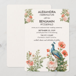Wedding Peacock Botanical Vintage Floral Art Invitation