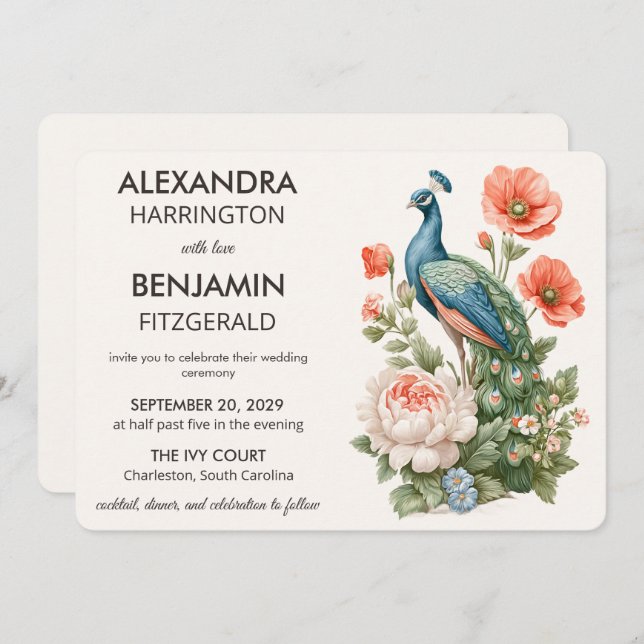 Wedding Peacock Botanical | Vintage Floral Art Invitation (Front/Back)