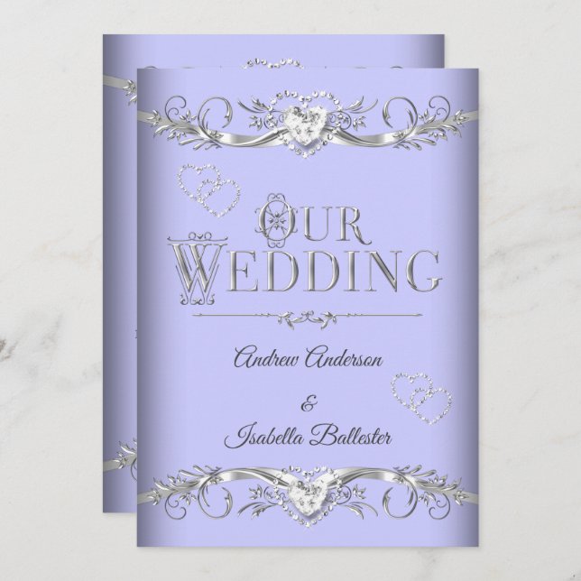 Wedding Periwinkle Blue Silver Diamond Hearts Invitation (Front/Back)
