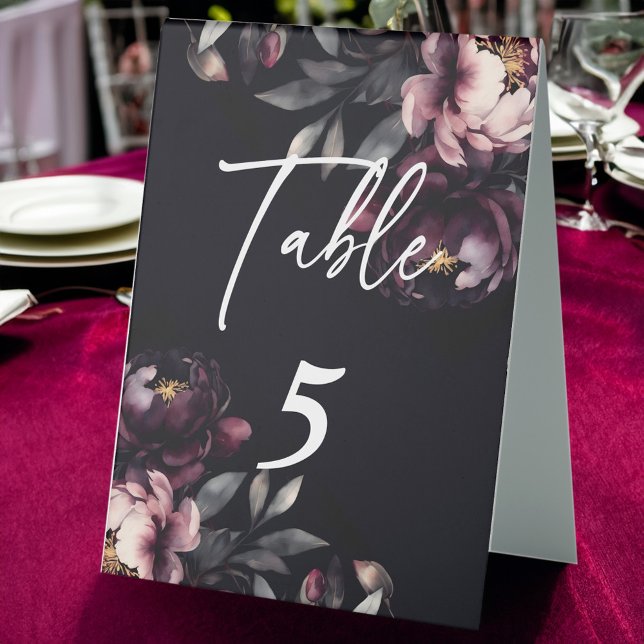 Wedding personalised tableware dark moody peonies (Dark moody Wedding personalized tableware printed table tent sign black peonies gothic decor)