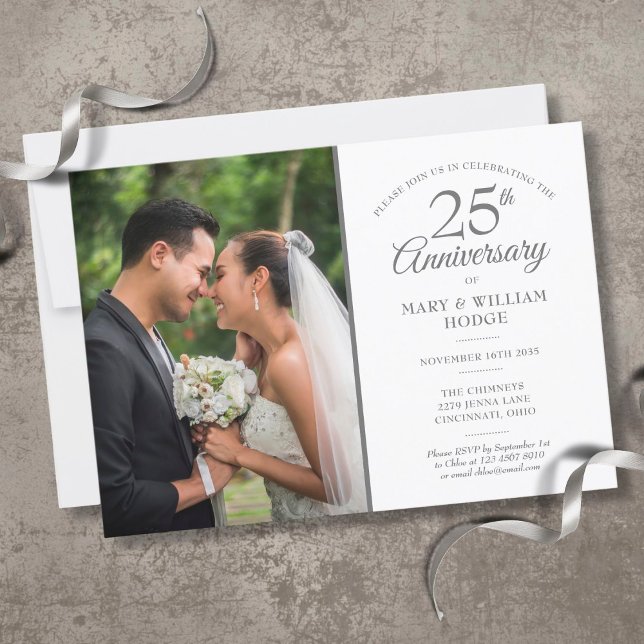 Wedding Photo 25th Anniversary Silver Confetti Invitation (Creator Uploaded)