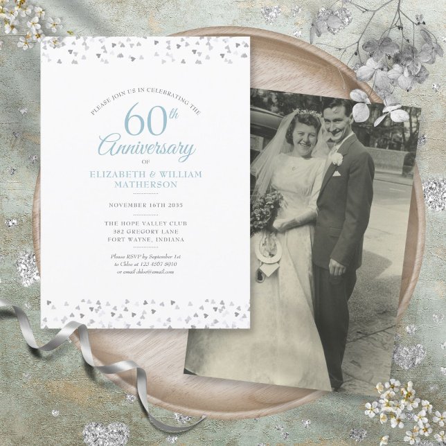 Wedding Photo 60th Anniversary Hearts Confetti Invitation (Wedding Photo 60th Anniversary Hearts Confetti Invitation)
