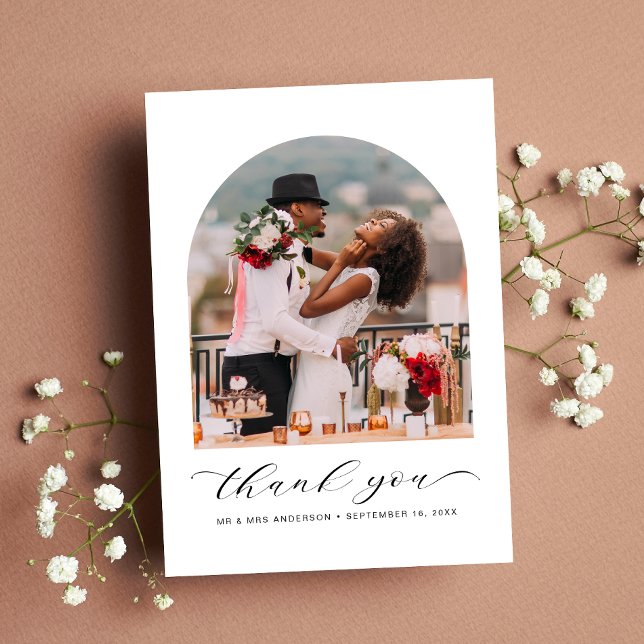 Wedding Photo Arched Frame Elegant Script Thank You Card (Celebrate your love story with a thank you card showcasing your photo in an elegant arch frame)