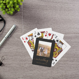 Wedding photo black gold modern playing cards
