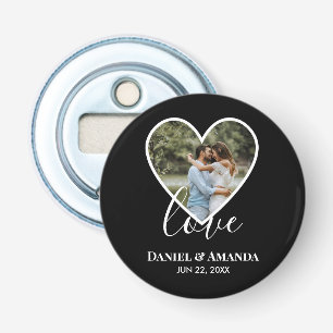 Wedding Photo Black Heart Frame Modern Calligraphy Bottle Opener