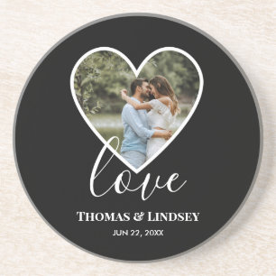 Wedding Photo Black Heart Frame Modern Calligraphy Coaster