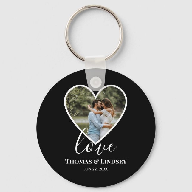 Wedding Photo Black Heart Frame Modern Calligraphy Key Ring (Front)