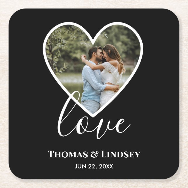 Wedding Photo Black Heart Frame Modern Calligraphy Square Paper Coaster (Front)