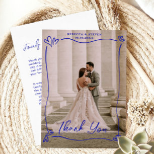 Wedding Photo Blue Doodle Heart Overprint Border Thank You Card