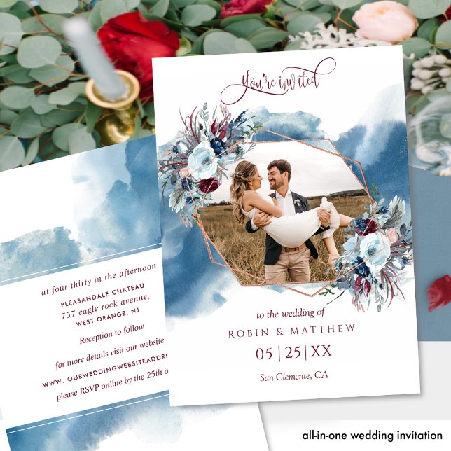 Wedding Photo Blue Purple Burgundy Watercolor Invitation (Creator Uploaded)